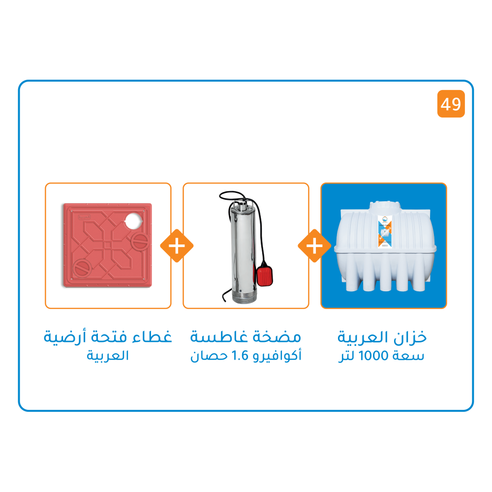 بندل خزان 1000لتر+ مضخة اكوافيرو غاطسة MS 150 قوة 1.6 حصان+ غطاء فتحات ارضية 30x30